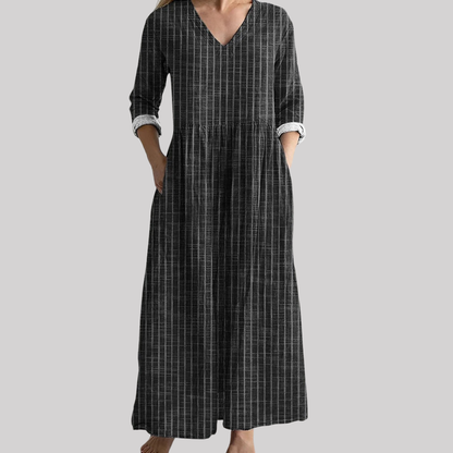 Vintage Stripe Linen Dress | Women's Dress with V-Neck & Ankle-Length Design | Effortless Elegance for Summer Styling