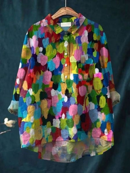 Button-Up Floral Blouse with Classic Pointed Collar & Long Sleeves 13