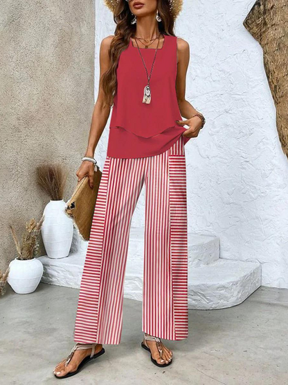 Chic Two-Piece Set Sleeveless Blouse & Wide-Leg Pants 4