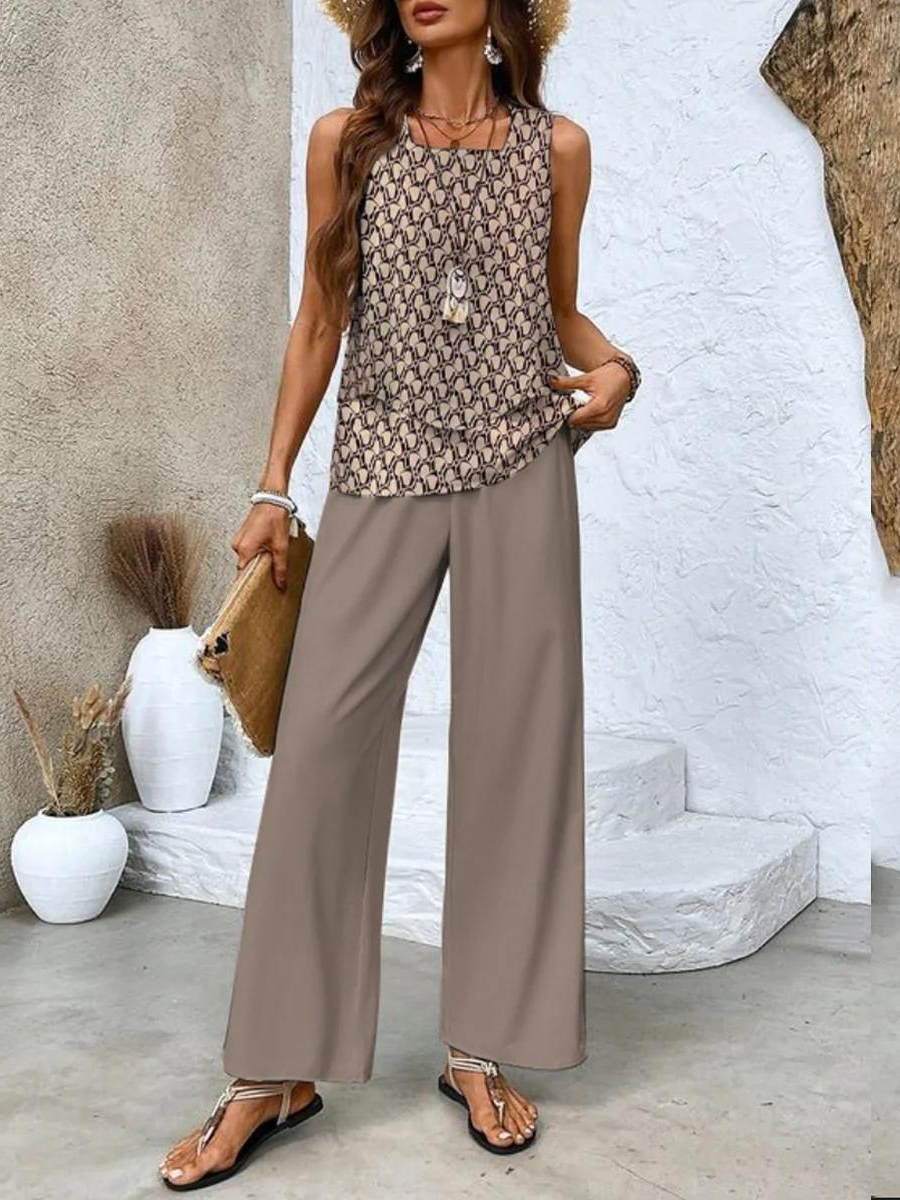 Chic Two-Piece Set Sleeveless Blouse & Wide-Leg Pants 3