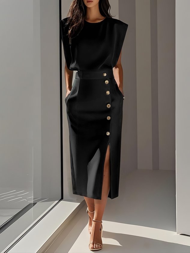Sleeveless Midi Dress with Side Button Detail & Front Slit 2