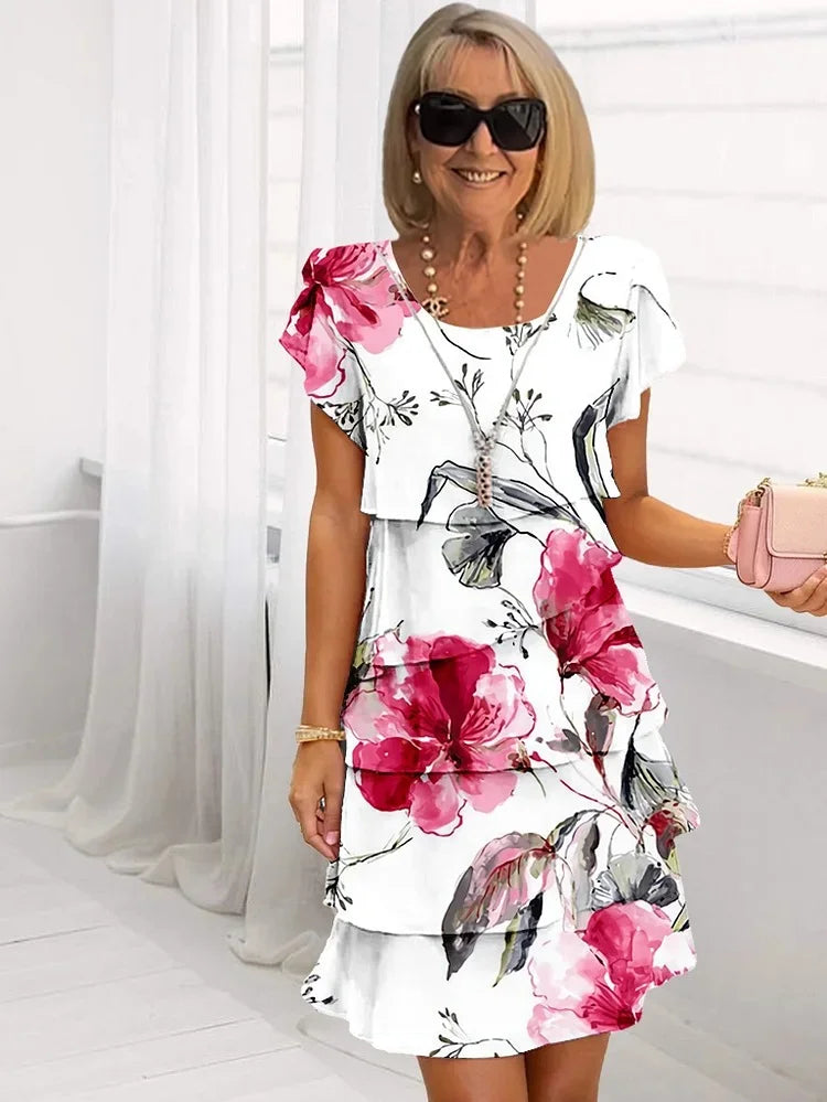 Floral Tiered Mini Dress with Short Sleeves & Loose Fit 1