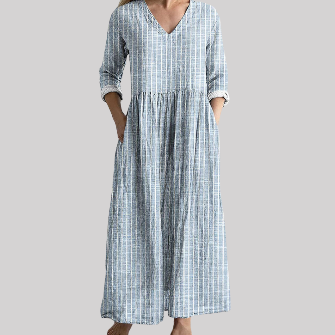 Vintage Stripe Linen Dress | Women's Dress with V-Neck & Ankle-Length Design | Effortless Elegance for Summer Styling