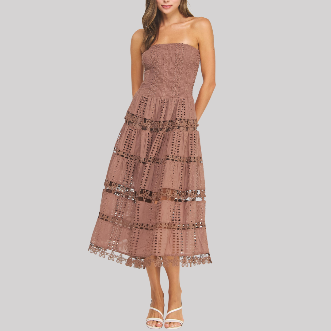 Elegant Eyelet Midi Dress | Women's Formal Dresses with Scalloped Lace Trim | Timeless Style for Effortless Elegance