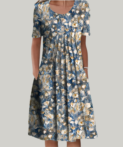 Floral Printed Midi Dress - Short Sleeve with Side Pockets 3