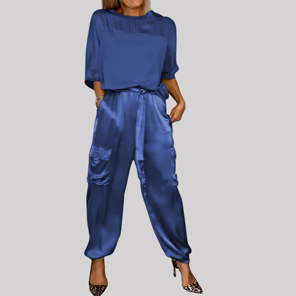 Chic Satin | Women's Two Piece Set with Loose-Fitting Top & Cargo Pants | Effortless Style for Casual & Night Out