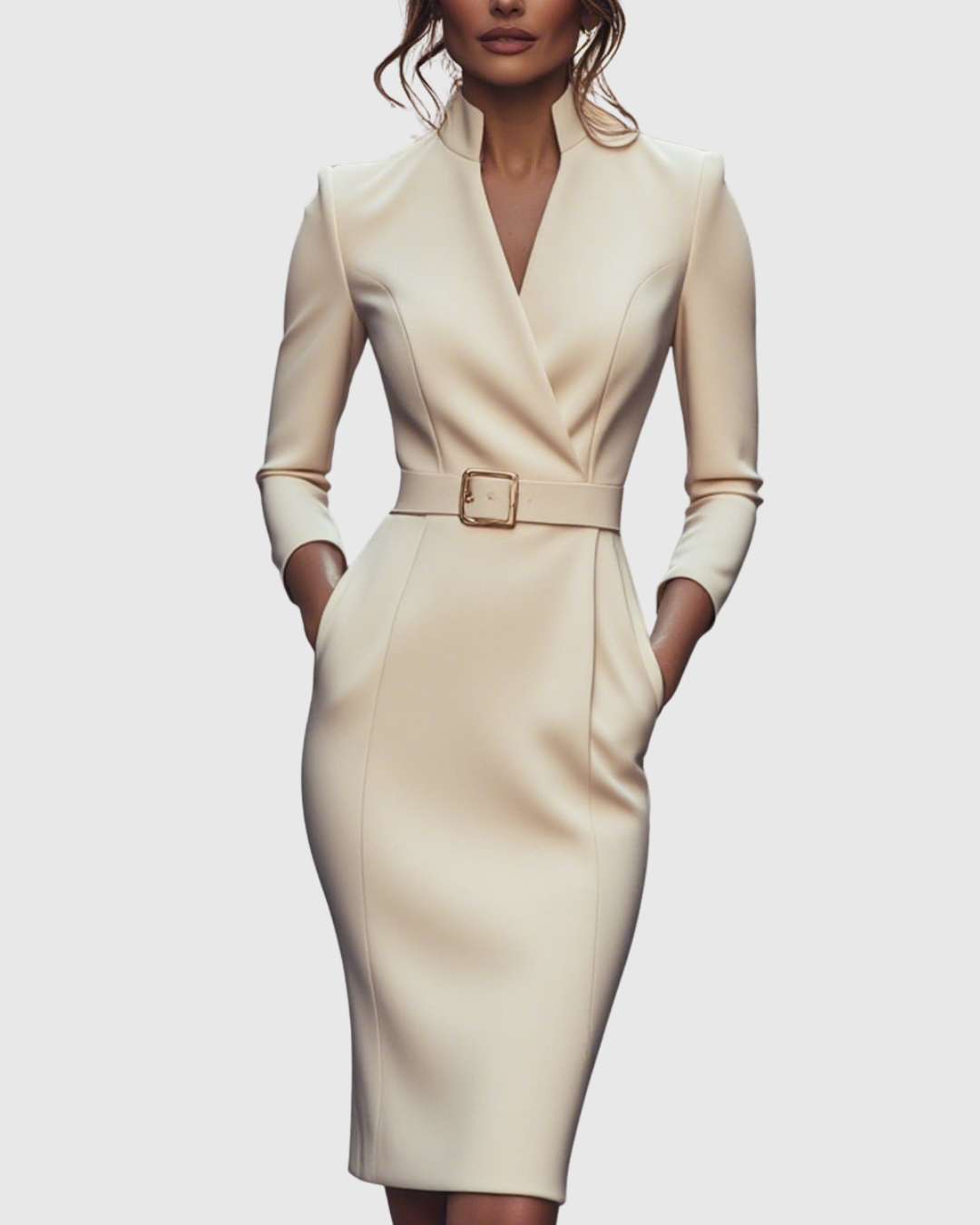 Claribel Refined Midi Dress — Mock Wrap Pencil Silhouette 10
