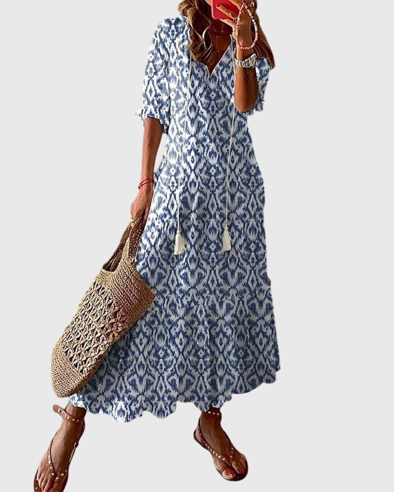 Amalia Boho Vintage Summer Dress — V-Neckline Floral 1