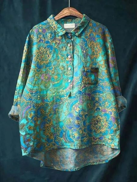 Button-Up Floral Blouse with Classic Pointed Collar & Long Sleeves 6