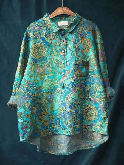 Button-Up Floral Blouse with Classic Pointed Collar & Long Sleeves 6