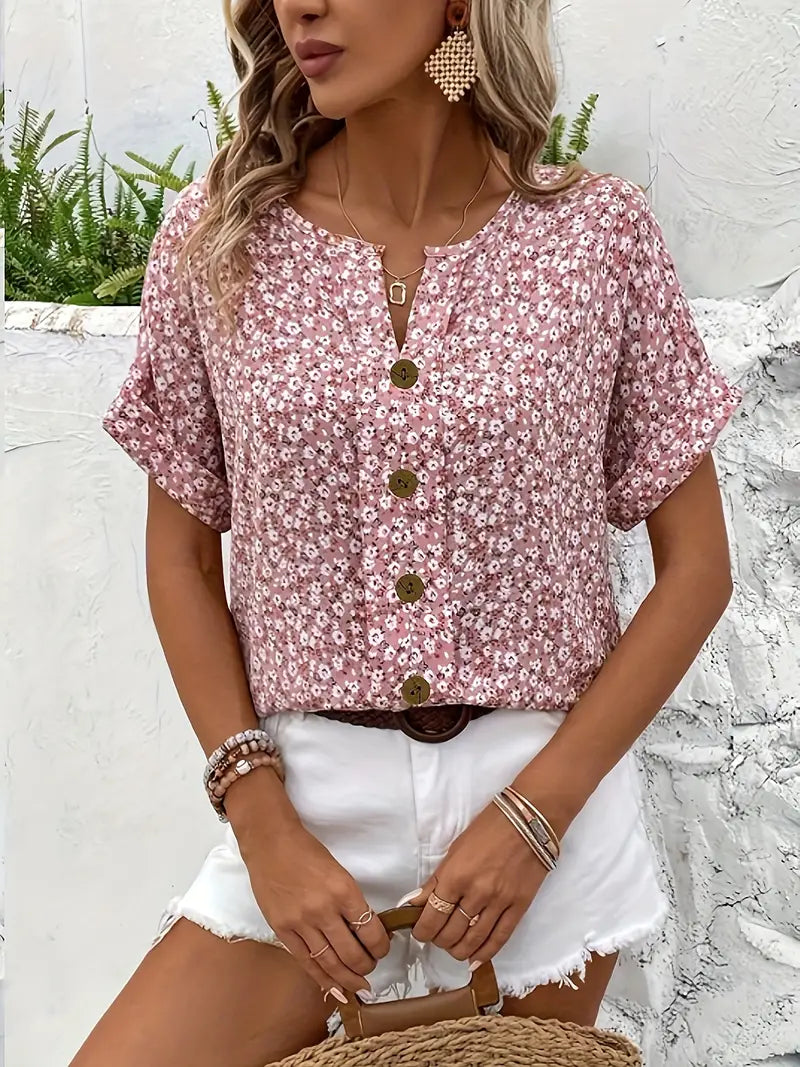 Floral Print Blouse Women — Button-Front Split Neckline 5