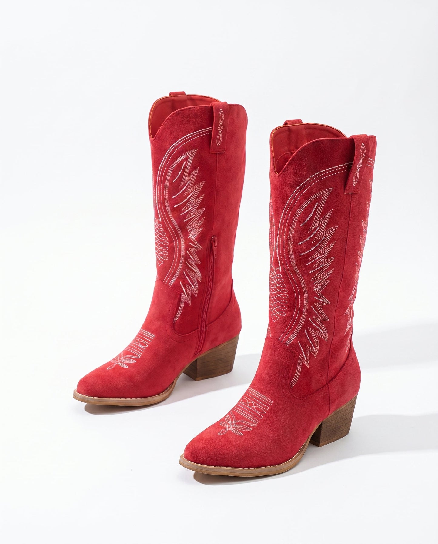 Knee-High Embroidered Cowboy Boots — Suede Block Heel 14