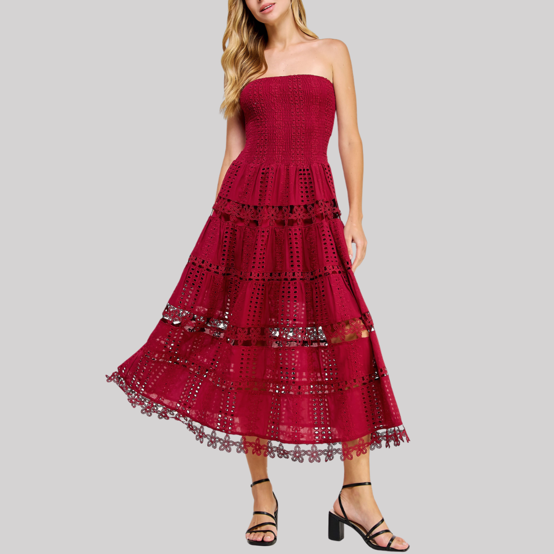 Elegant Eyelet Midi Dress | Women's Formal Dresses with Scalloped Lace Trim | Timeless Style for Effortless Elegance