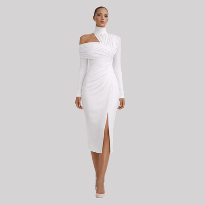 Delphina | Women's Asymmetric Midi Dress with Draped Bodice | Elegant Wedding Guest Attire