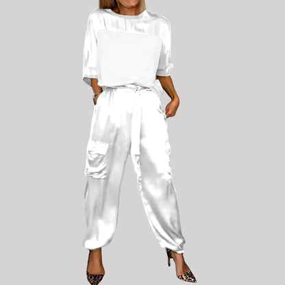 Chic Satin | Women's Two Piece Set with Loose-Fitting Top & Cargo Pants | Effortless Style for Casual & Night Out