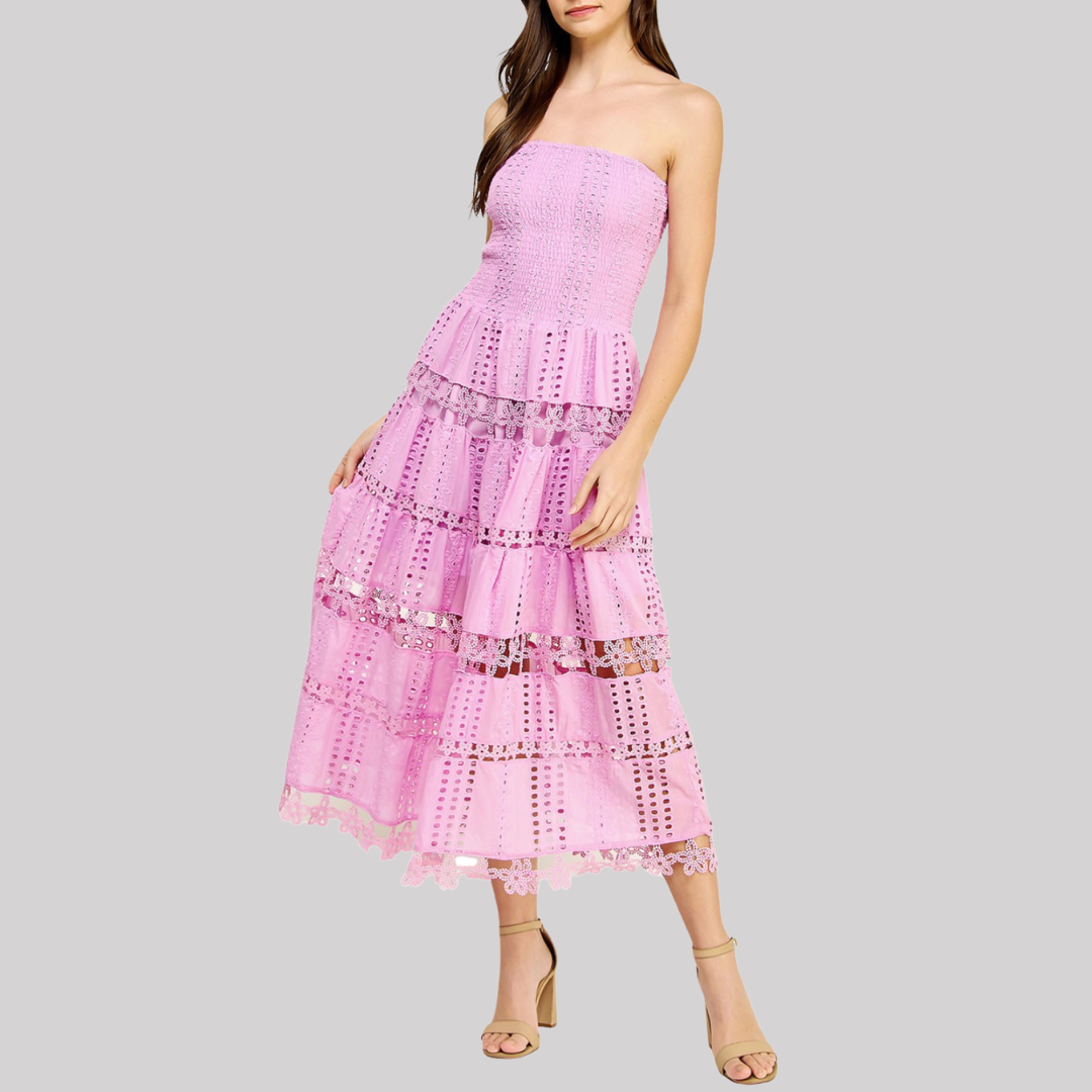 Elegant Eyelet Midi Dress | Women's Formal Dresses with Scalloped Lace Trim | Timeless Style for Effortless Elegance