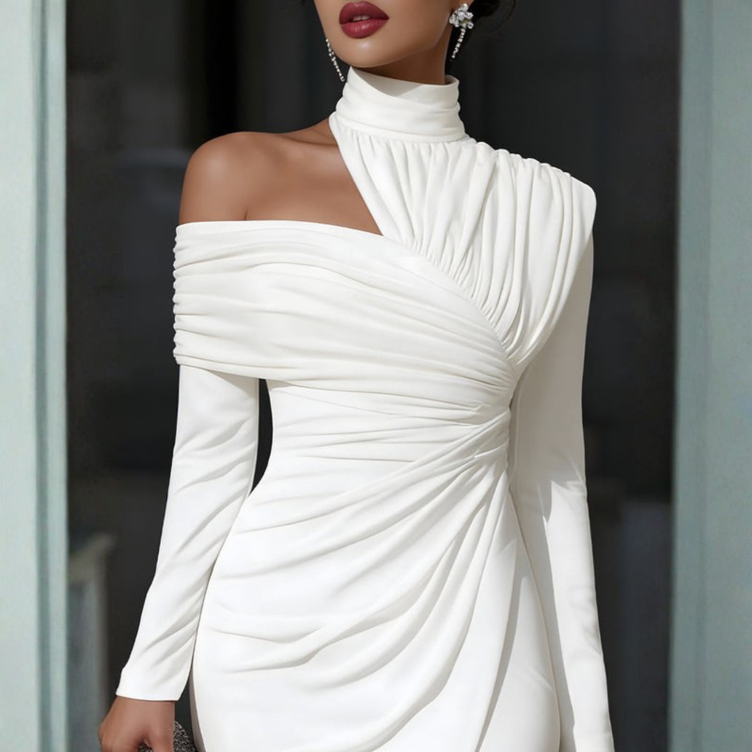 Elegant Evening Gown | Asymmetric High-Neck One-Shoulder Design with Sculptural Draping | Formal Wear for Timeless Sophistication