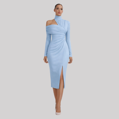 Delphina | Women's Asymmetric Midi Dress with Draped Bodice | Elegant Wedding Guest Attire