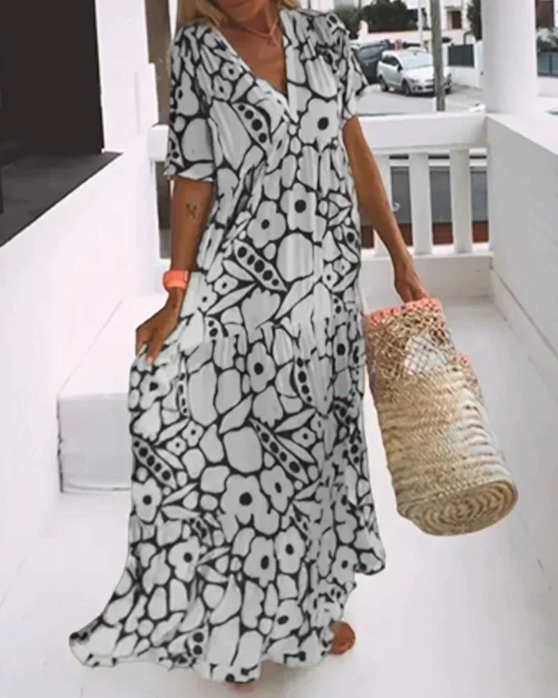 V-Neck Abstract Print Maxi Dress with Flutter Sleeves 4