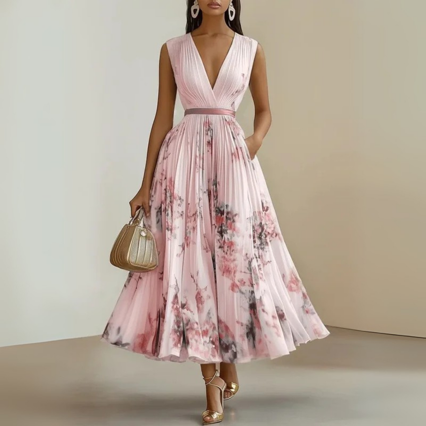 Pleated Sleeveless Maxi Dress with Deep V-Neckline 3