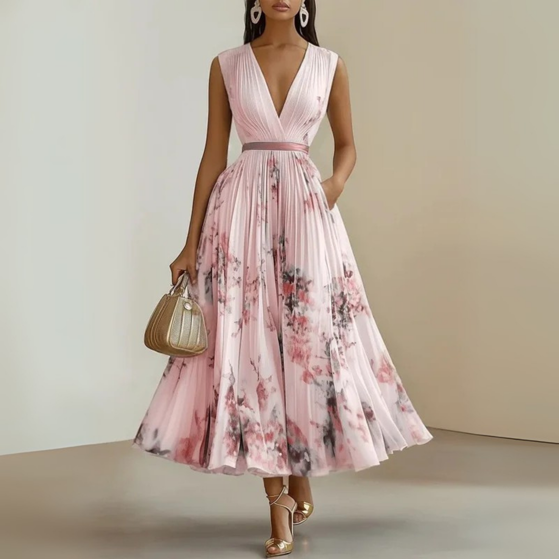 Pleated Sleeveless Maxi Dress with Deep V-Neckline 3