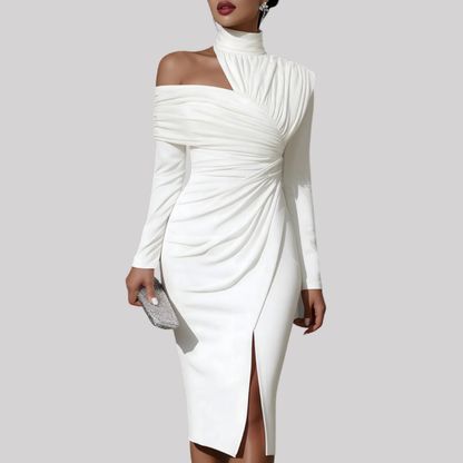 Delphina | Women's Asymmetric Midi Dress with Draped Bodice | Elegant Wedding Guest Attire