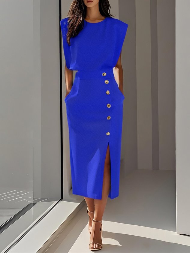 Effortless Charm Midi Dress — Round Neckline & Button Slit Detail 6