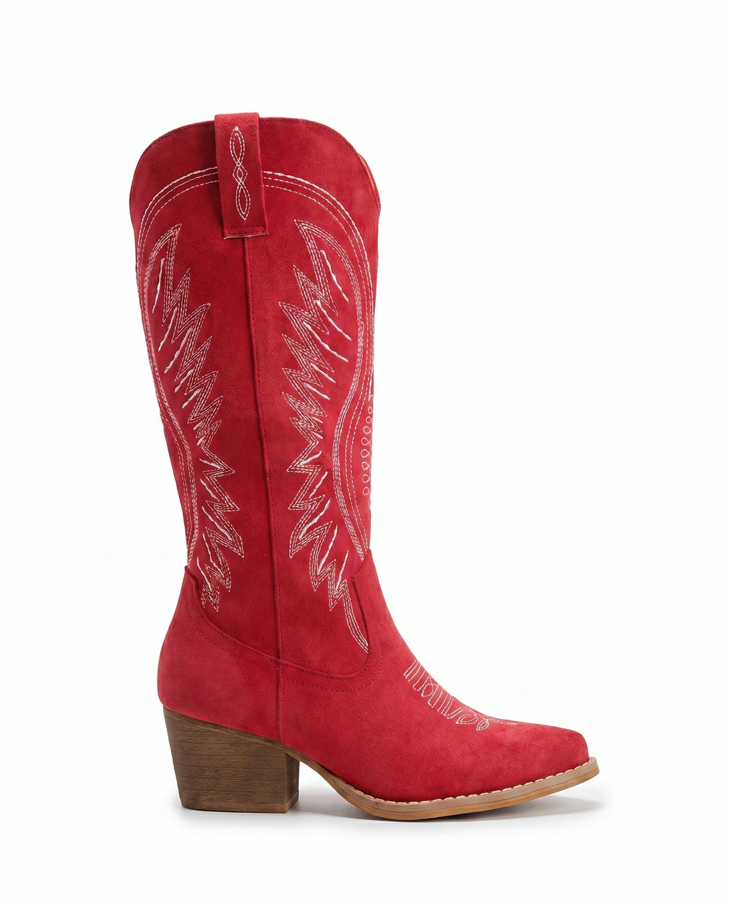 Knee-High Embroidered Cowboy Boots — Suede Block Heel 15