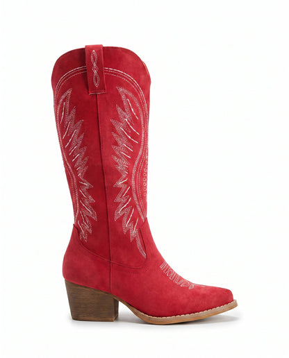 Knee-High Embroidered Cowboy Boots — Suede Block Heel 15