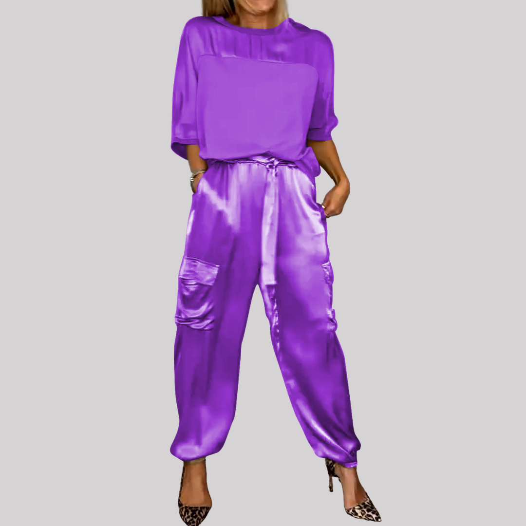 Chic Satin | Women's Two Piece Set with Loose-Fitting Top & Cargo Pants | Effortless Style for Casual & Night Out