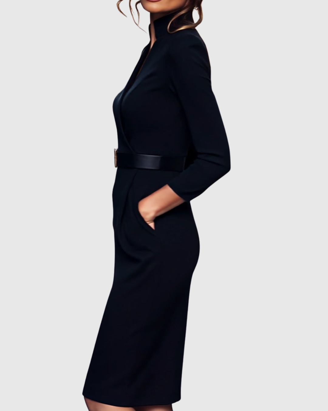 Claribel Refined Midi Dress — Mock Wrap Pencil Silhouette 5