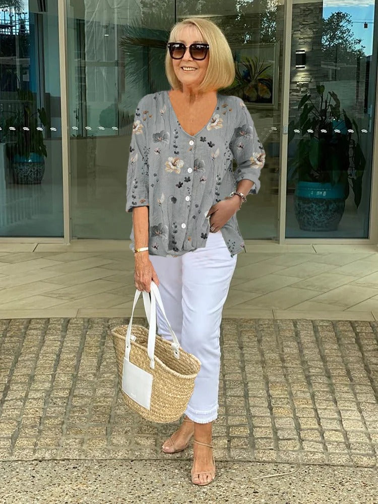 Floral V-Neck Blouse with Button Front & Three-Quarter Sleeves 4