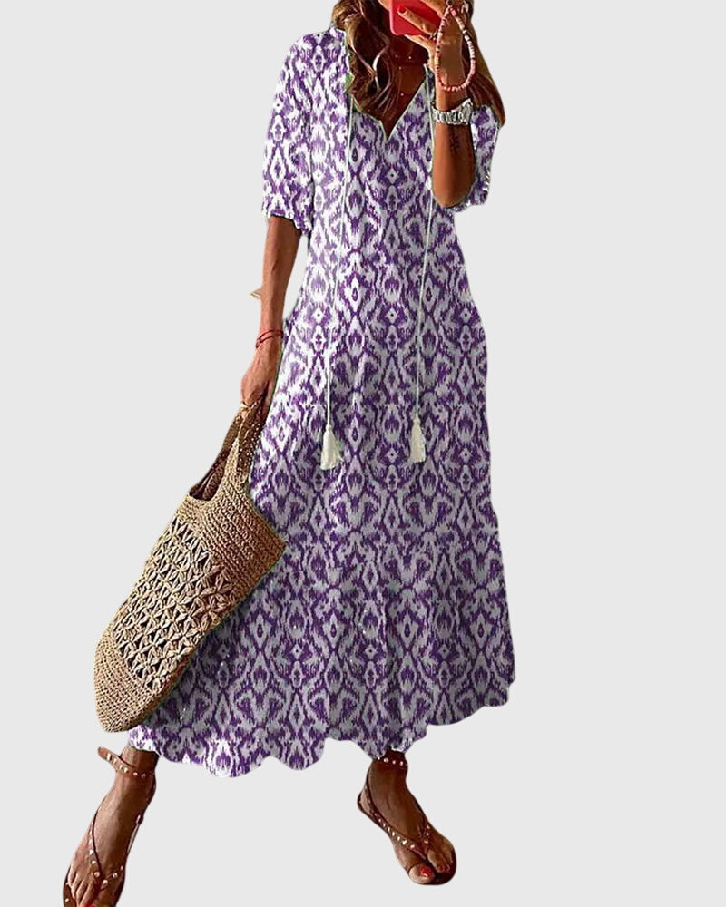 Amalia Collection | Women's Dress - Boho Vintage Summer Dress with Flattering V-Neckline | Lightweight & Versatile for Effortless Style