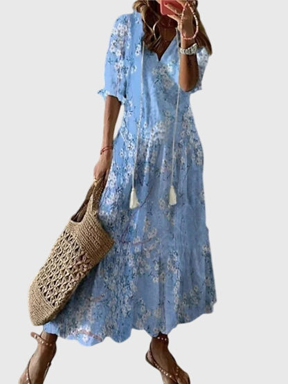 Amalia Collection | Women's Dress - Boho Vintage Summer Dress with Flattering V-Neckline | Lightweight & Versatile for Effortless Style