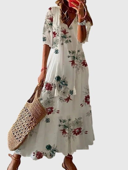 Amalia Collection | Women's Dress - Boho Vintage Summer Dress with Flattering V-Neckline | Lightweight & Versatile for Effortless Style