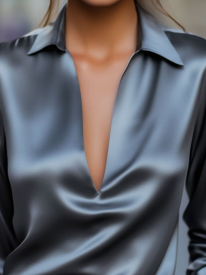 Bethany Collection | Women's V-Neck Satin Blouse with Fluid Drape | Elegant Summer Top for Effortless Style