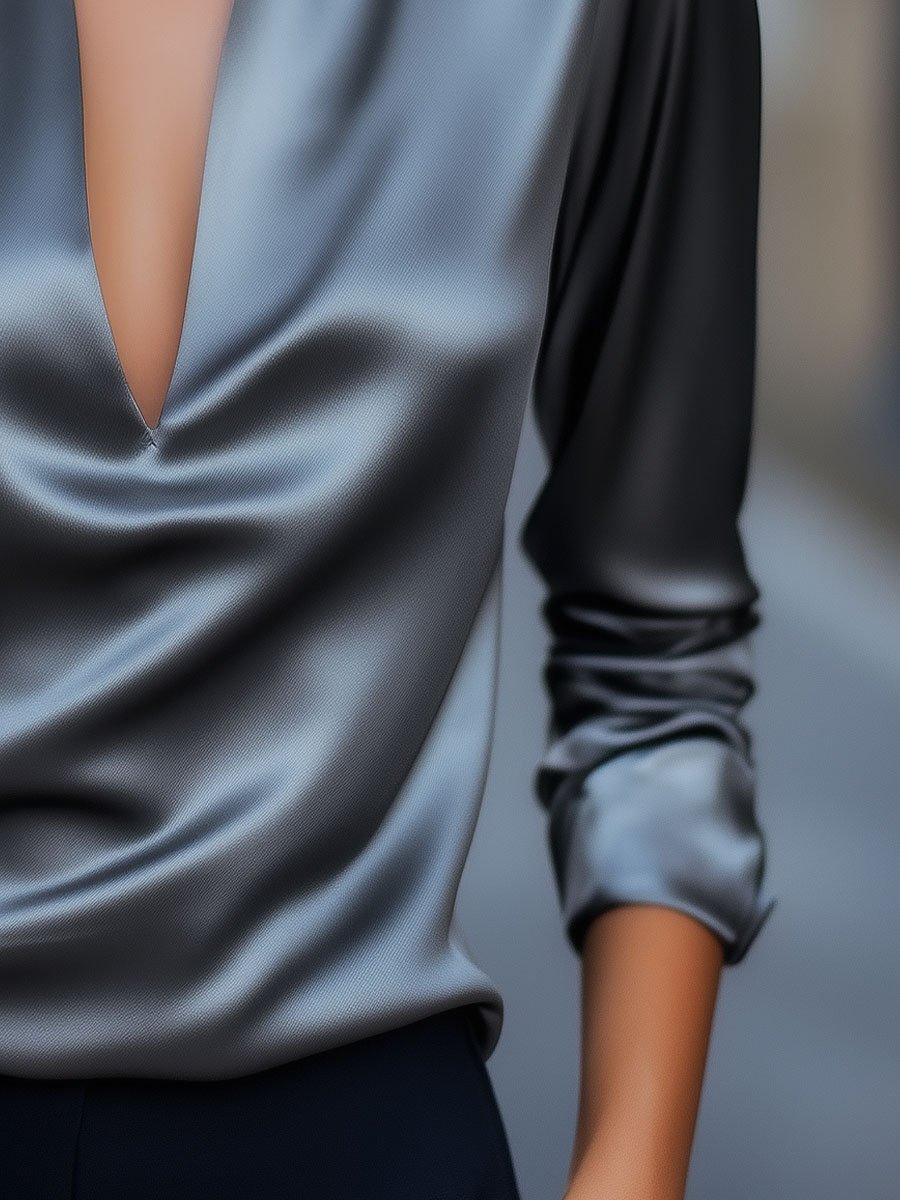 Bethany Collection | Women's V-Neck Satin Blouse with Fluid Drape | Elegant Summer Top for Effortless Style