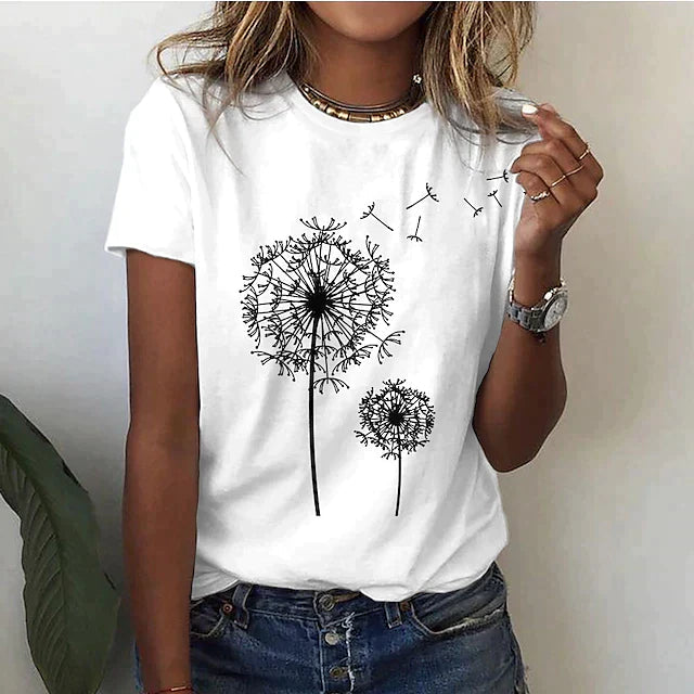 Betty Collection | Women's Graphic T-Shirt with Dandelion Print | Soft Cotton Blend for Everyday Comfort