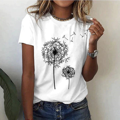Betty Collection | Women's Graphic T-Shirt with Dandelion Print | Soft Cotton Blend for Everyday Comfort