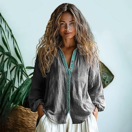 Bohemian Linen Print Women's Shirt with V-Neck Design | Effortless Style for Casual Elegance