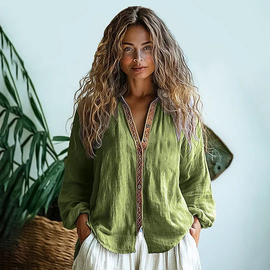Bohemian Linen Print Women's Shirt with V-Neck Design | Effortless Style for Casual Elegance