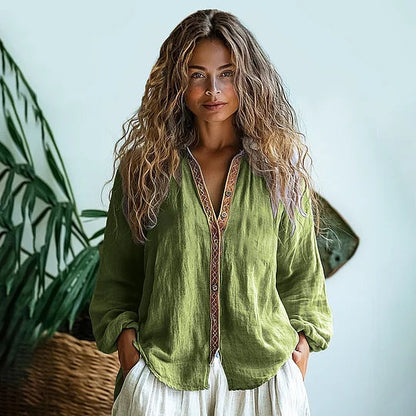 Bohemian Linen Print Women's Shirt with V-Neck Design | Effortless Style for Casual Elegance