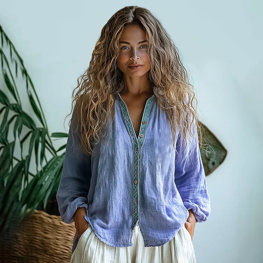 Bohemian Linen Print Women's Shirt with V-Neck Design | Effortless Style for Casual Elegance
