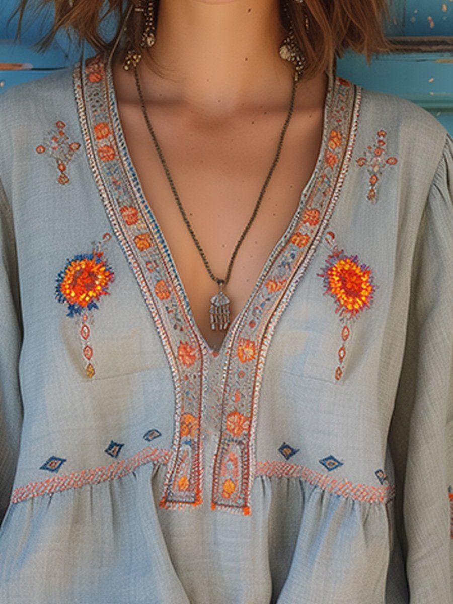 Bohemian Summer Blouse | Women's Top with Decorative Embroidery | Relaxed Fit for Effortless Style