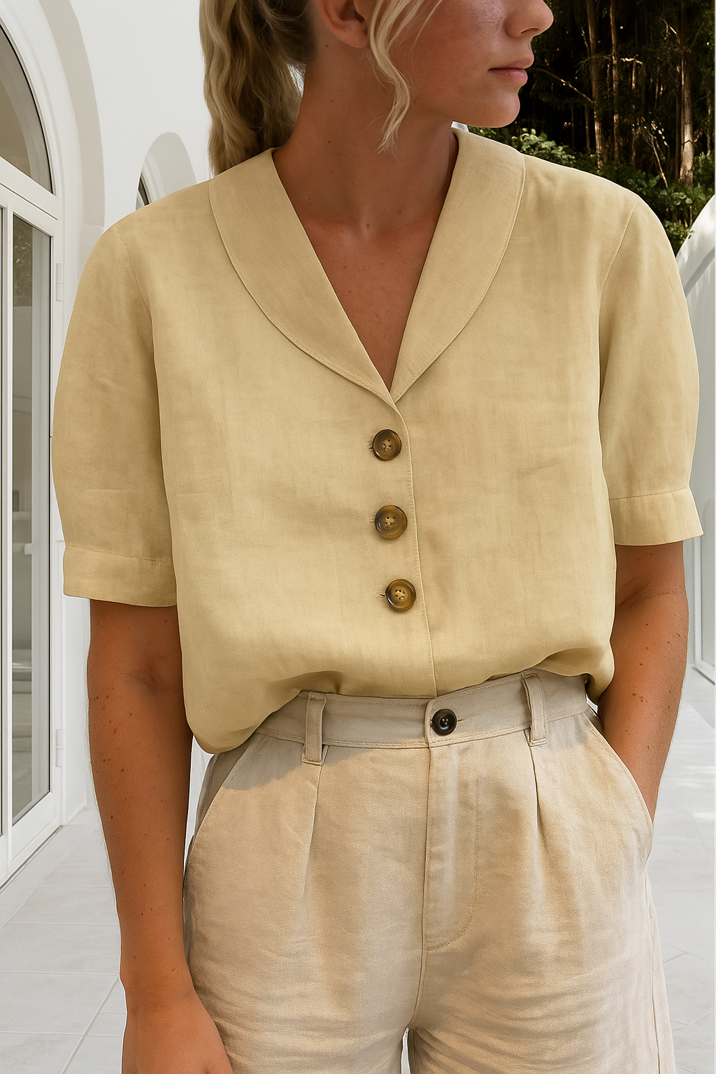 Women's Short Sleeve Button-Up Blouse with V Neckline 2