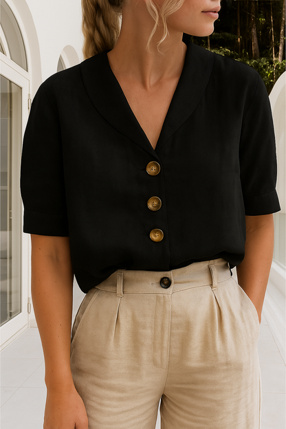 Women's Short Sleeve Button-Up Blouse with V Neckline 3