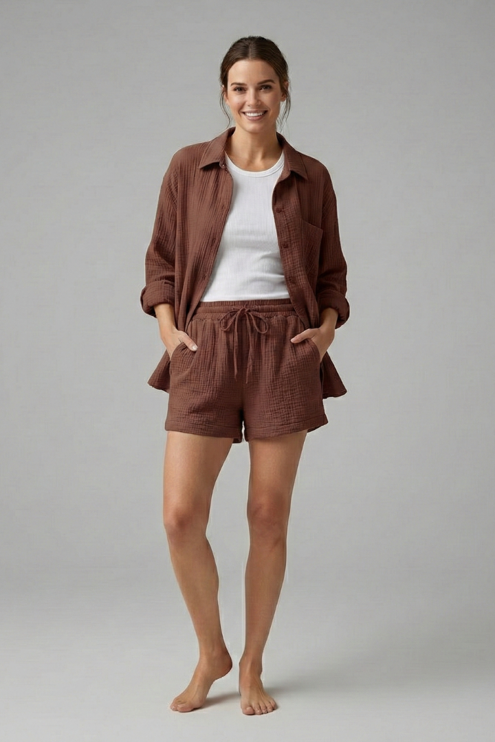 Chic Collection | Women's Two Piece Set with Button-Up Shirt & Drawstring Shorts | Effortless Style for Casual Outings