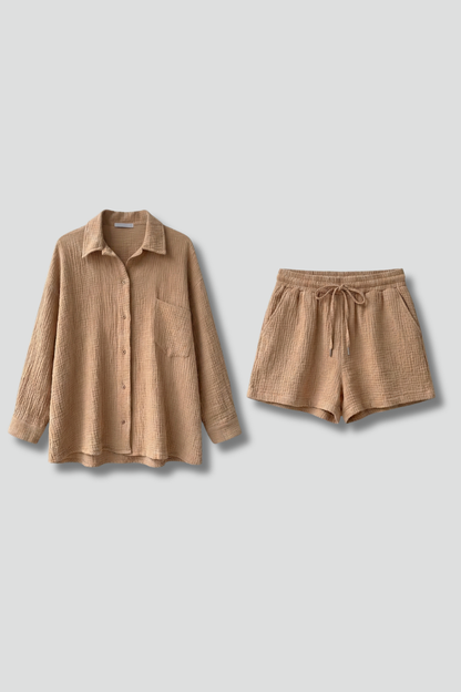 Chic Collection | Women's Two Piece Set with Button-Up Shirt & Drawstring Shorts | Effortless Style for Casual Outings