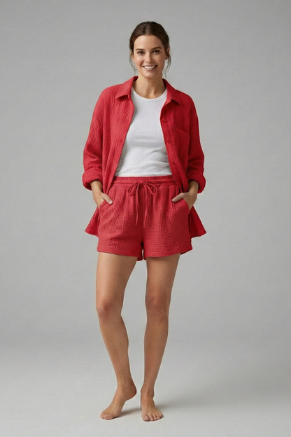 Chic Collection | Women's Two Piece Set with Button-Up Shirt & Drawstring Shorts | Effortless Style for Casual Outings