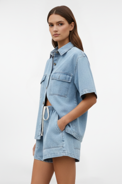 Chic Denim Collection | Women's Denim Two Piece Set with Short-Sleeve Jacket & High-Waist Shorts | Versatile Outfit for Spring and Summer